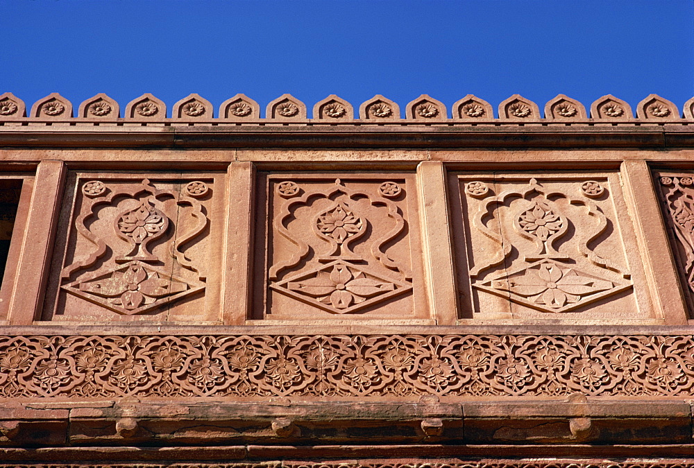 Detail of carving, Red Fort, Agra, Uttar Pradesh state, India, Asia