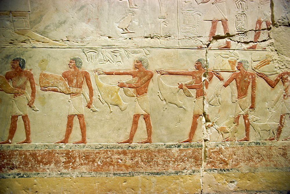 Painted reliefs in mastaba (tomb), Saqqara, Egypt, North Africa, Africa