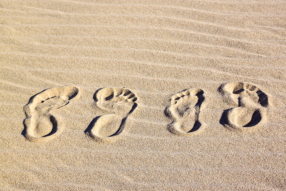 Two foot prints in the sand, St. Lucia Wetlands, Kwa-Zulu Natal, South Africa, Africa