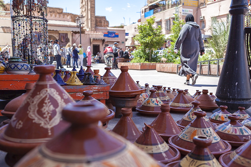 A street seller's wares, including tagines and clay pots near the Kasbah, Marrakech, Morocco, North Africa, Africa 