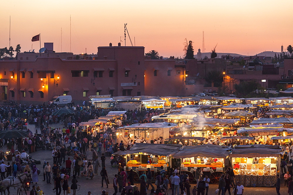 Food stalls in the Jemaa El Fna at sunset, Marrakesh, Morocco, North Africa, Africa