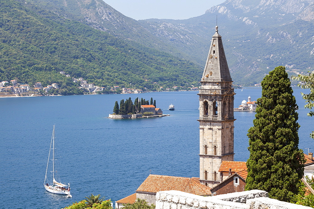 St. Nicholas Church and St. George's Island in the background, Perast, Bay of Kotor, UNESCO World Heritage Site, Montenegro, Europe 