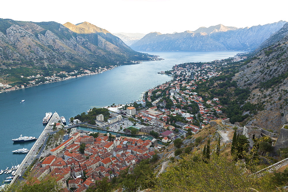 Kotor Old Town, marina and fortifications at dawn with view of the Bay of Kotor, UNESCO World Heritage Site, Montenegro, Europe 