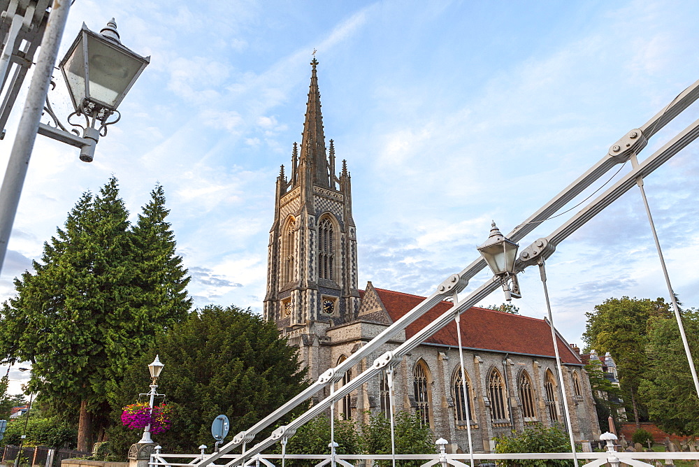 Marlow bridge leading past All Saints Church, Marlow, Buckinghamshire, England, United Kingdom, Europe