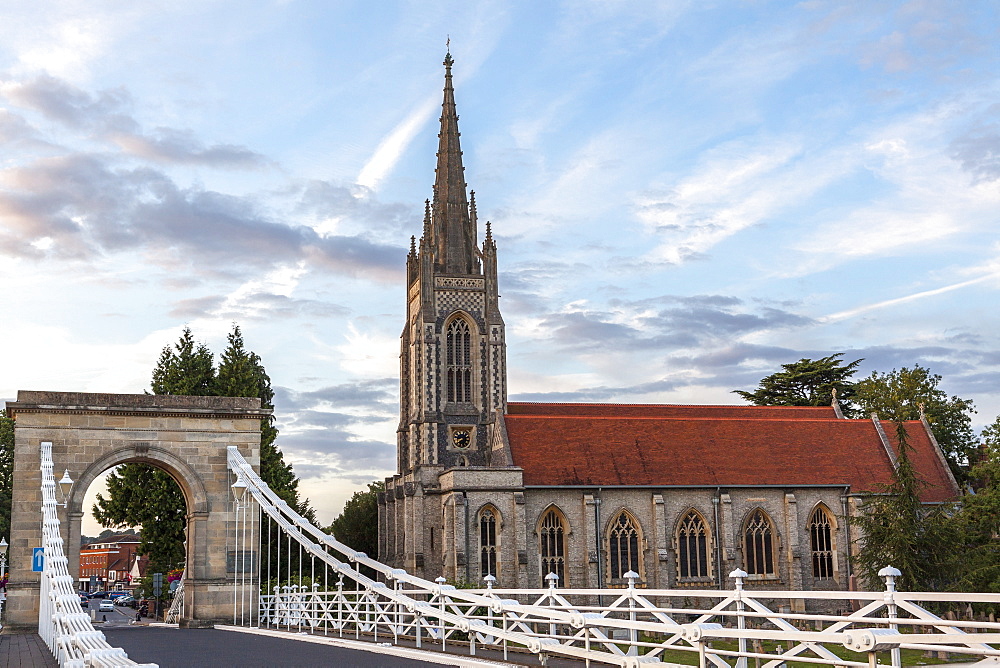 Marlow bridge leading past All Saints Church on to Marlow high street, Marlow, Buckinghamshire, England, United Kingdom, Europe