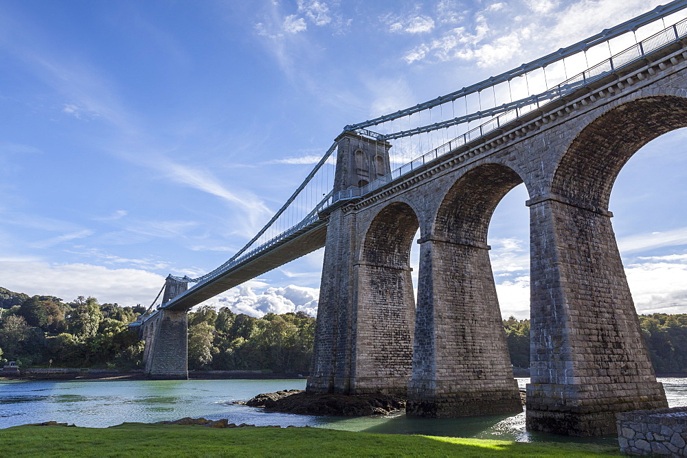 Menai Bridge spanning the Menai Strait, Anglesey, Wales, United Kingdom, Europe 