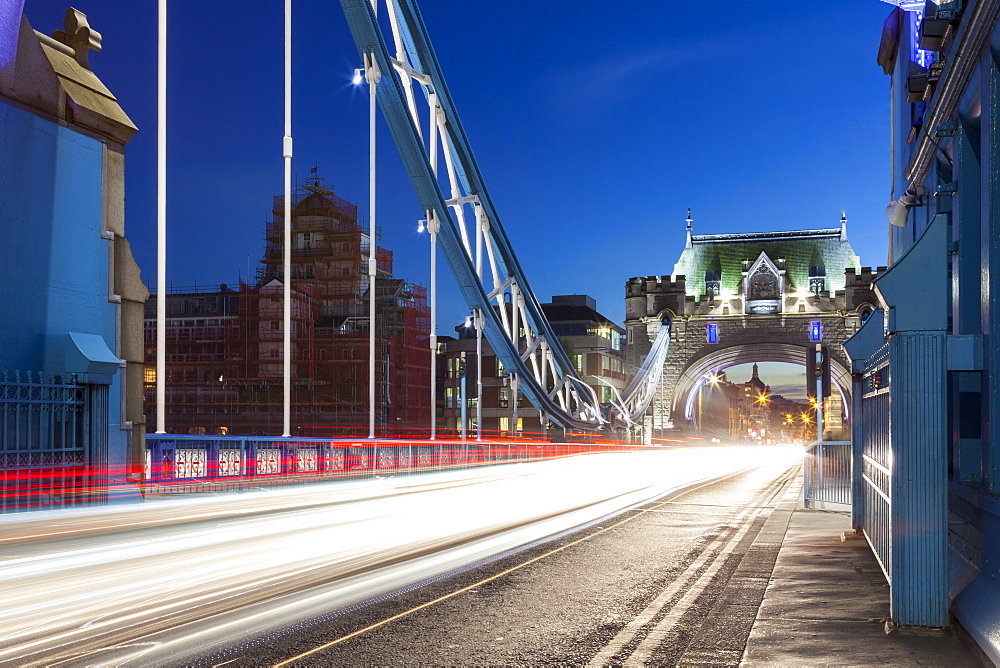 Long exposure of traffic over Tower Bridge at dusk, London, England, United Kingdom, Europe