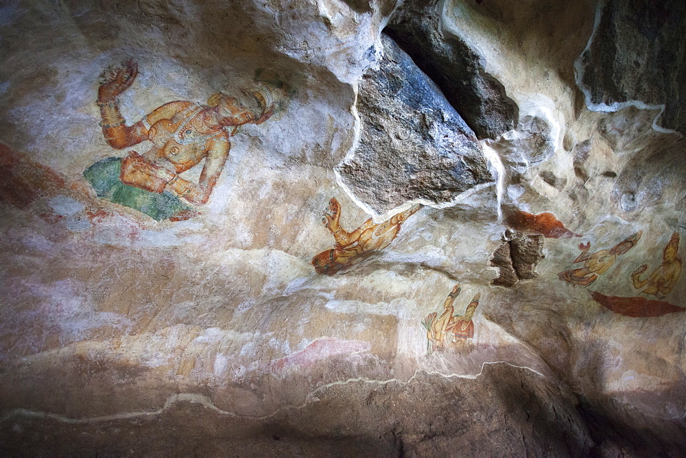 Sigiriya (Lion Rock) frescoes or ancient wall paintings, UNESCO World Heritage Site, Sri Lanka, Asia 