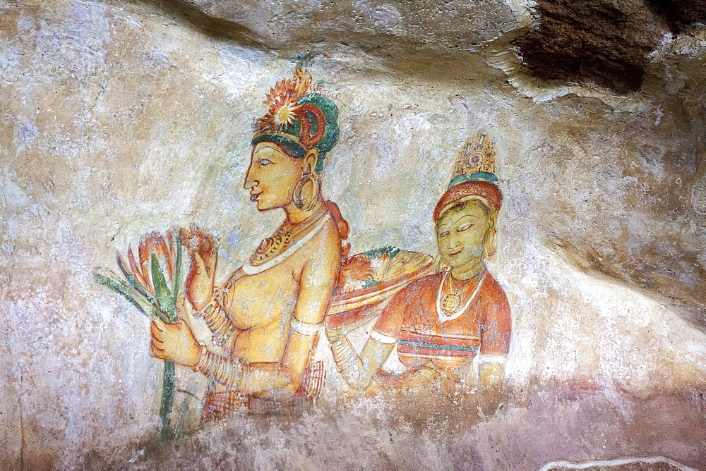 Sigiriya (Lion Rock) frescoes or ancient wall paintings, UNESCO World Heritage Site, Sri Lanka, Asia 