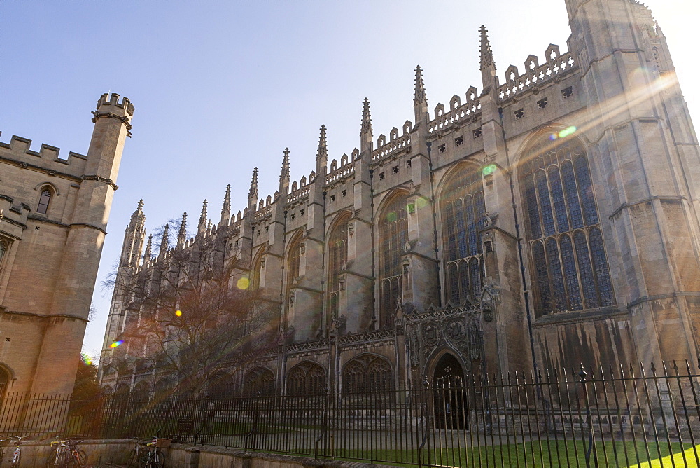 Kings College Chapel bathed in sun light, Cambridge, Cambridgeshire, England, United Kingdom, Europe