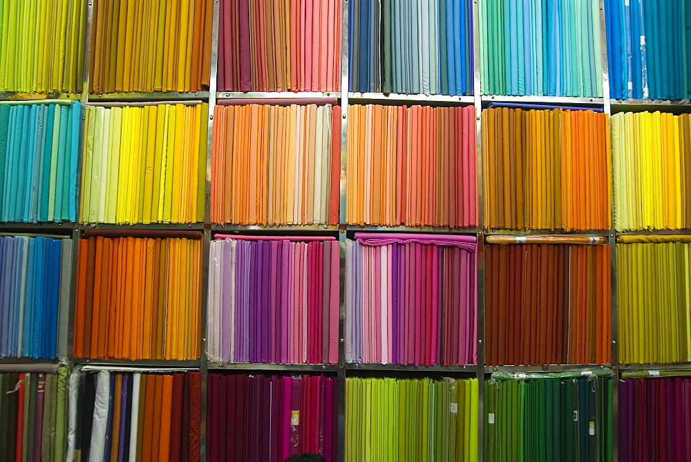 Textiles of saris arranged in the  sequence, Jaipur, Rajasthan, India