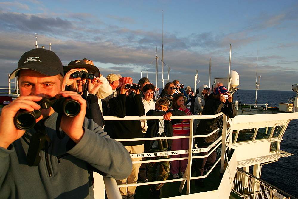 Whale-watchers on the top deck of 30,000 ton ferry, off the coast of France, as they cross the Bay of Biscay.   (RR)