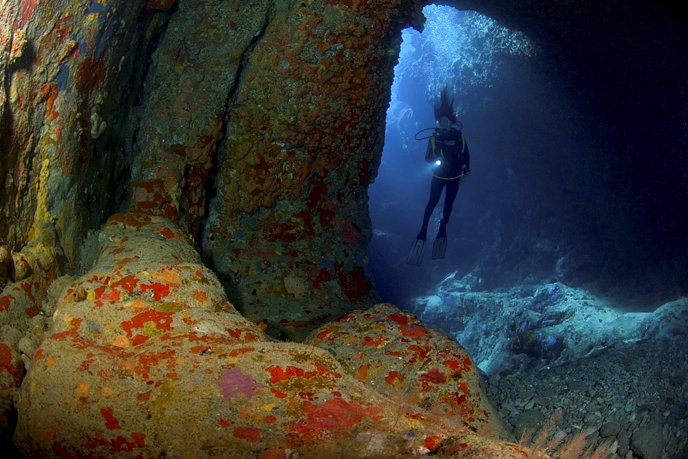 Diver in cave, British Virgin Islands