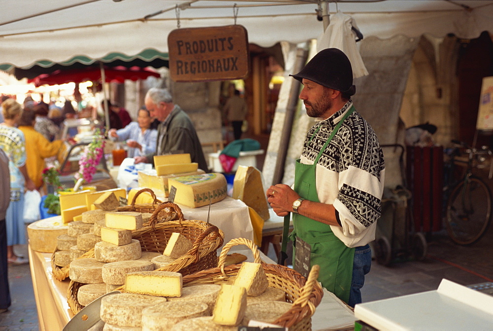 Cheese stall at market, Annecy, Haute Savoie, France, Europe