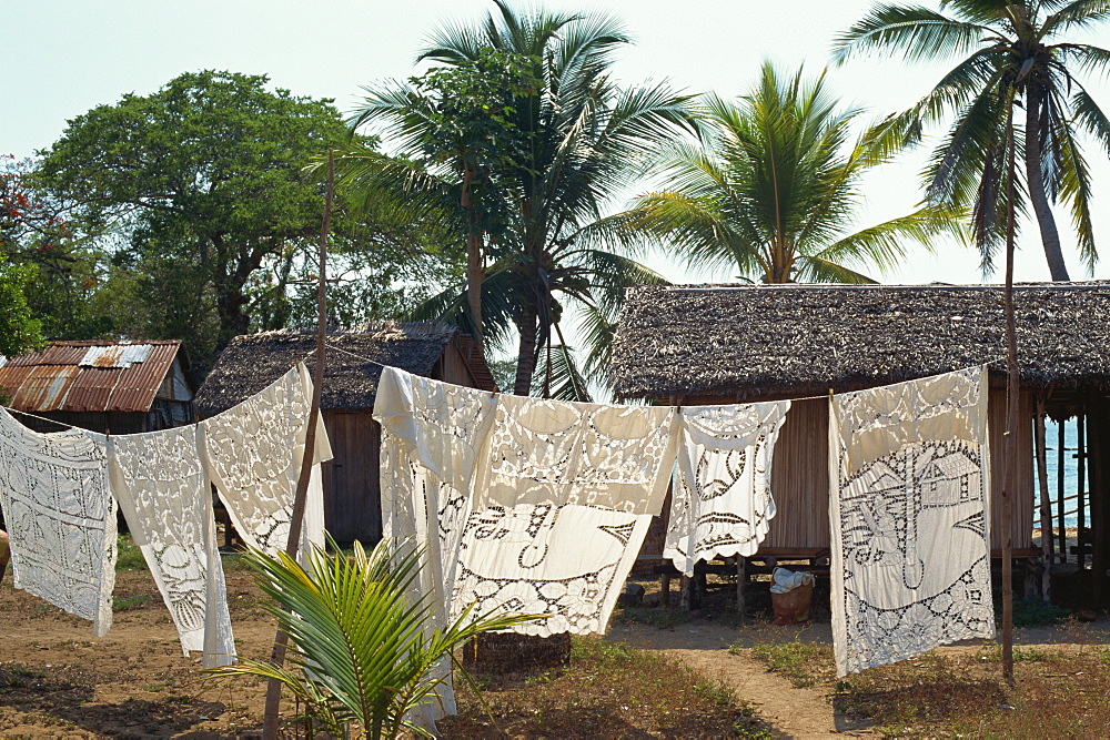 Decorated tablecloths for sale, Nosy Komba, off Nosy Be, Madagascar, Africa