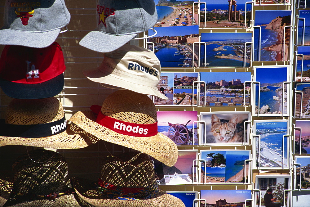 Postcards and hats for sale, Rhodes, Dodecanese, Greek Islands, Greece, Europe