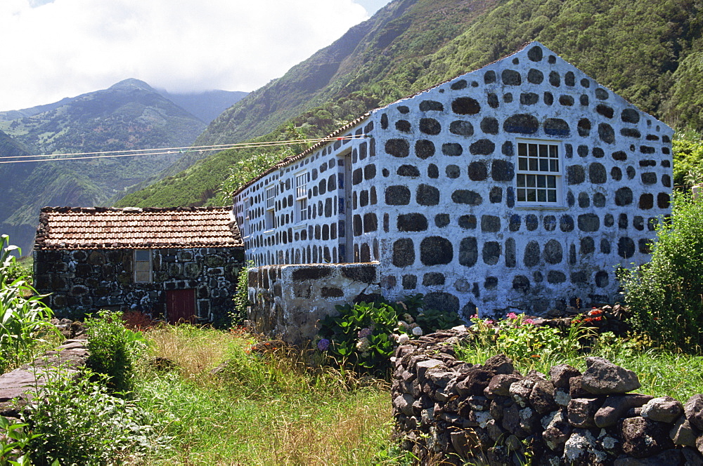 Whitewash between stone, a typical feature of buildings on the island, Sao Jorge, Azores, Portugal, Europe