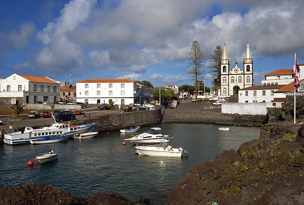 Harbour and church, Madalena, Pico, Azores, Portugal, Atlantic, Europe