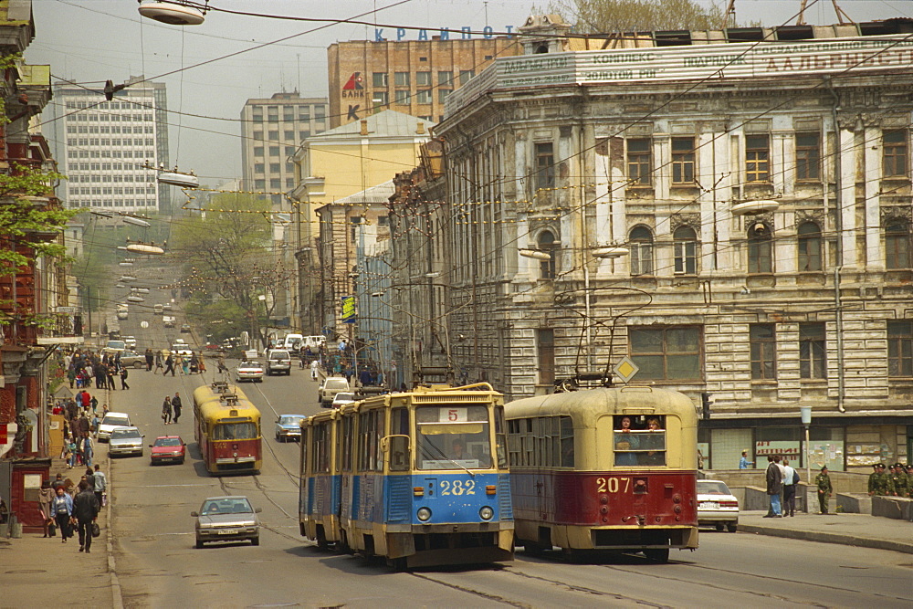 Trams in the street, Vladivostok, Russian Far East, Russia, Europe