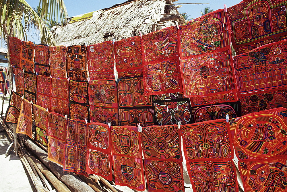 Molas on display, Nalunega island, San Blas islands, Panama, Central America