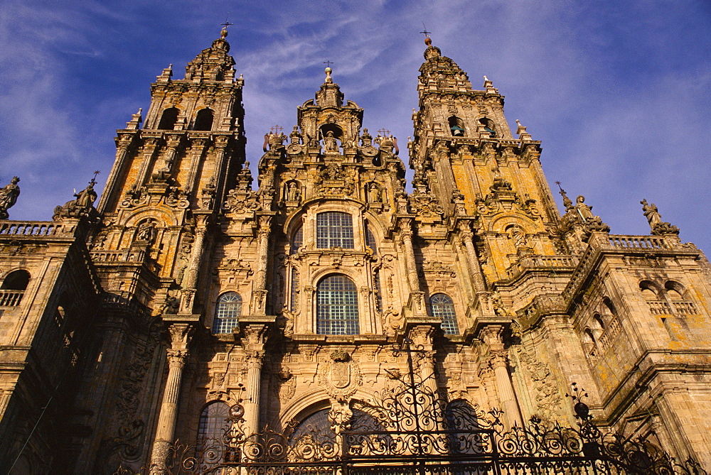 Exterior facade dating from 1750, of the Cathedral of Santiago de Compostela, Christian pilgrimage destination, Santiago de Compostela, UNESCO World Heritage Site, Galicia, Spain, Europe