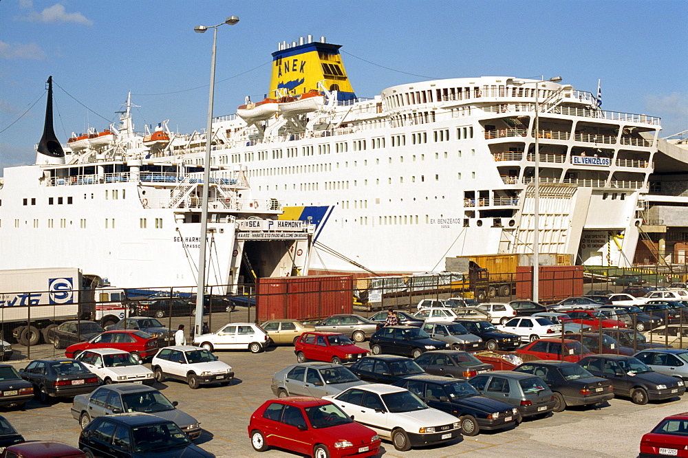 Cars in front of the Ro-Ro ferry at the port of Piraeus, near Athens, Greece, Europe