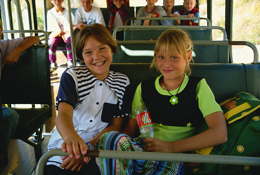 Two schoolgirls on bus, Mljet Island, Croatia, Europe