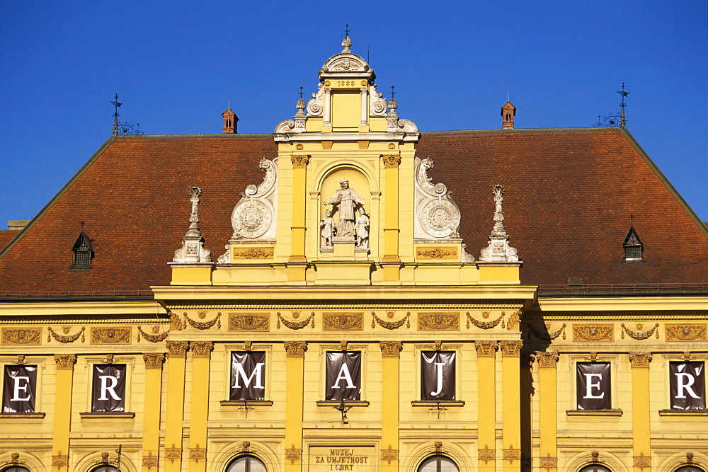 Close-up of facade and roof of the building housing Arts and Crafts Museum, in Zagreb, Croatia, Europe