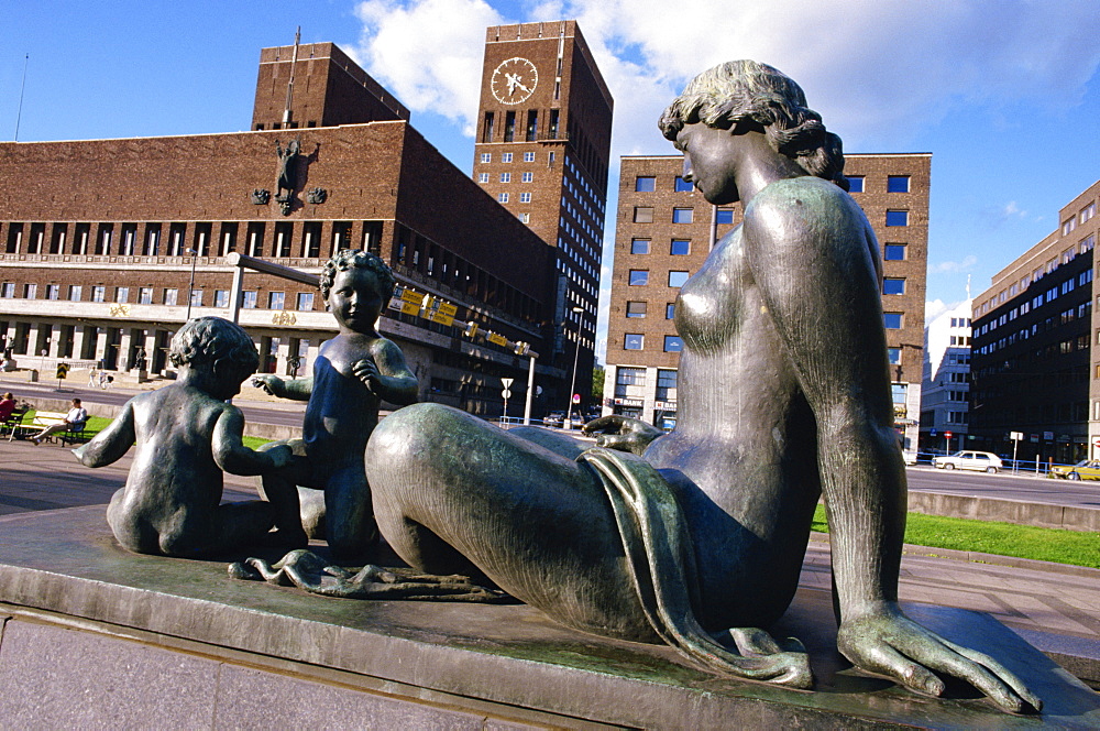 Sculpture in front of the Town Hall, Oslo, Norway, Scandinavia, Europe