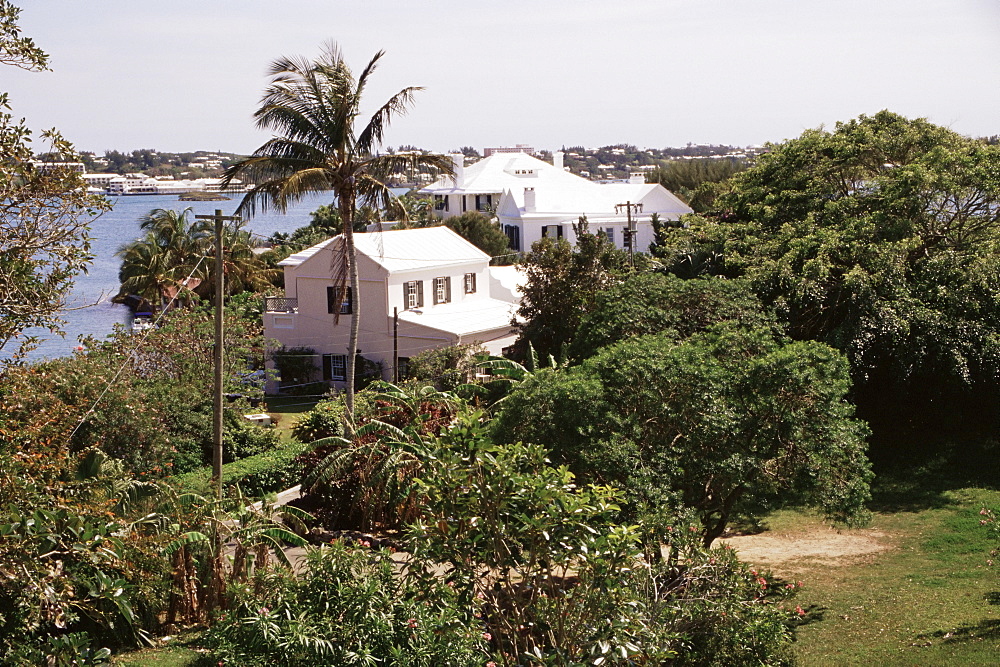 Homes overlooking harbour channel, Hamilton, Bermuda, Central America