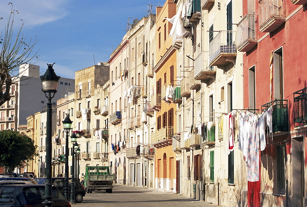 House fronts and laundry, Trapani, Sicily, Italy, Europe