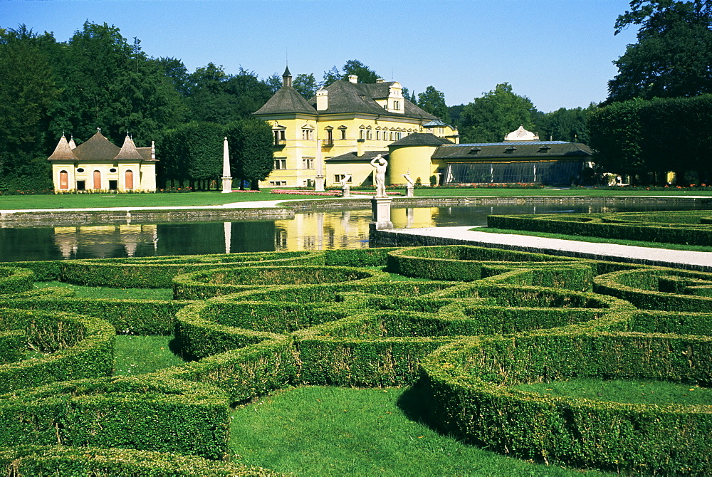 Curved hedges in formal gardens, Schloss Hellbrunn, near Salzburg, Austria, Europe