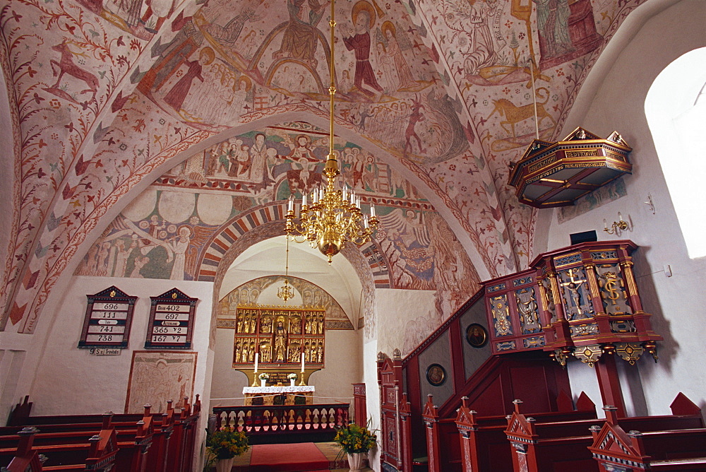 Interior of Keldby church, with frescoes by Elmelunde Master, Keldby, Mon, Denmark, Scandinavia, Europe