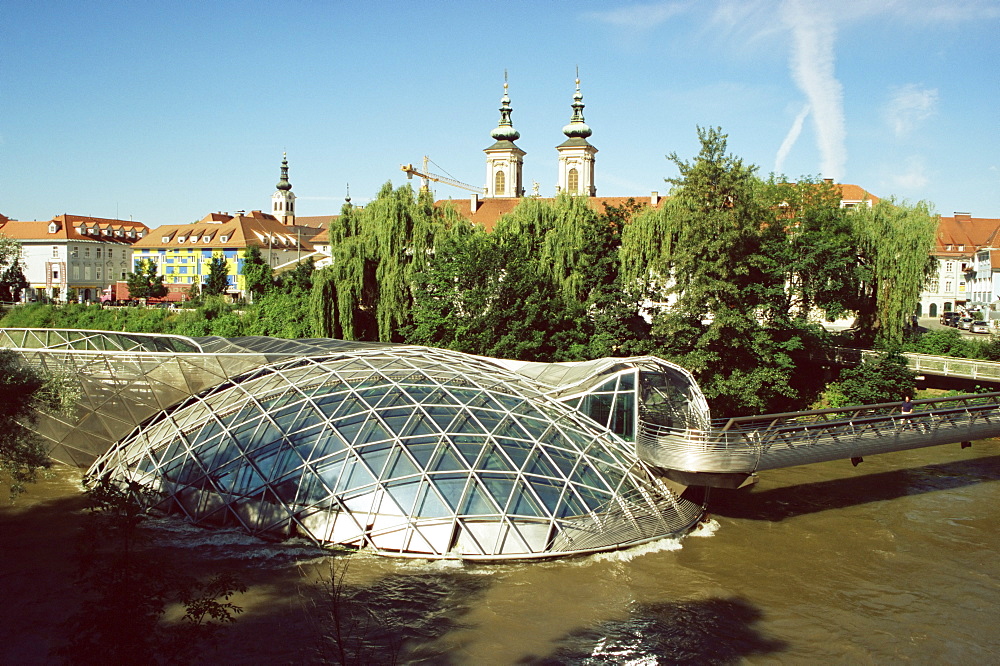 Island in the Mur River (Murinsel), walkways to an "Open Mussel" Theatre Space - Amphitheatre, architect Vito Acconci, Graz, Styria, Austria, Europe