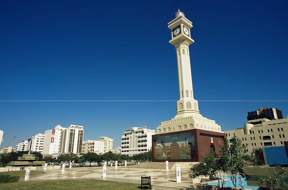 Clocktower, focus of commercial business district, Ruwi, Muscat, Oman, Middle East