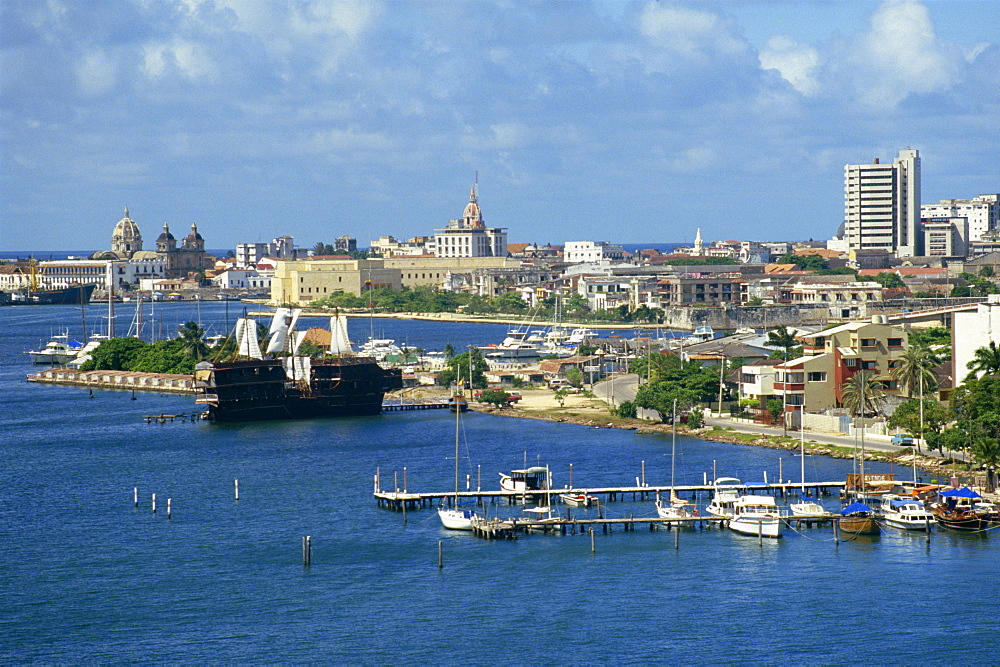 Jetties, harbour and skyline of the city of Cartagena in Colombia, South America