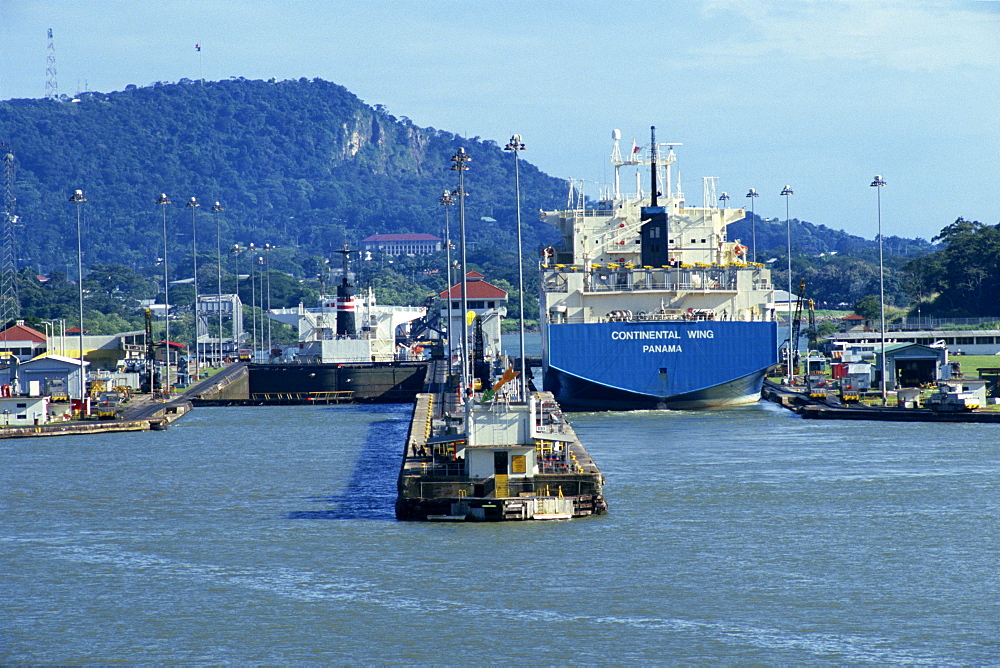 Ships and locks on the Panama Canal, Panama, Central America