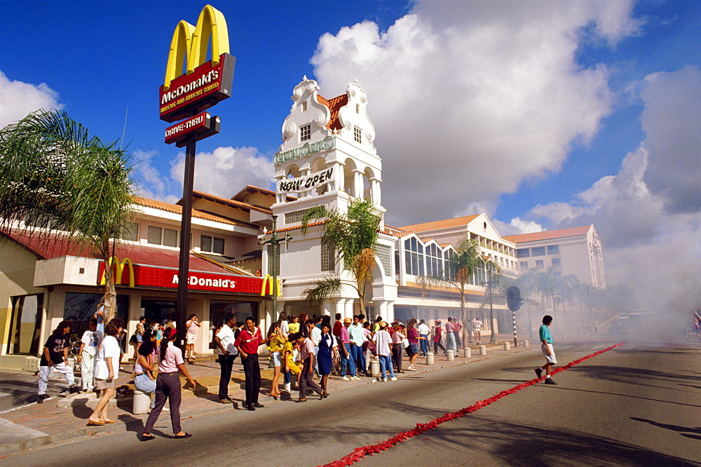 Exploding fireworks near a McDonalds restaurant, for New Year's Eve celebrations, Oranjstad, Aruba, Caribbean, Central America