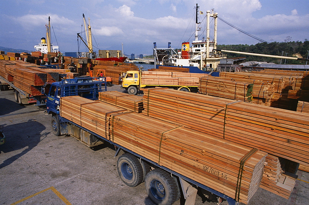 Loading timber for export, Kota Kinabalu, Sabah, island of Borneo, Malaysia, Southeast Asia, Asia