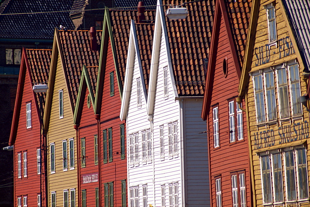 Detail of traditional housing facades on the quayside, Bergen, Norway, Scandinavia, Europe