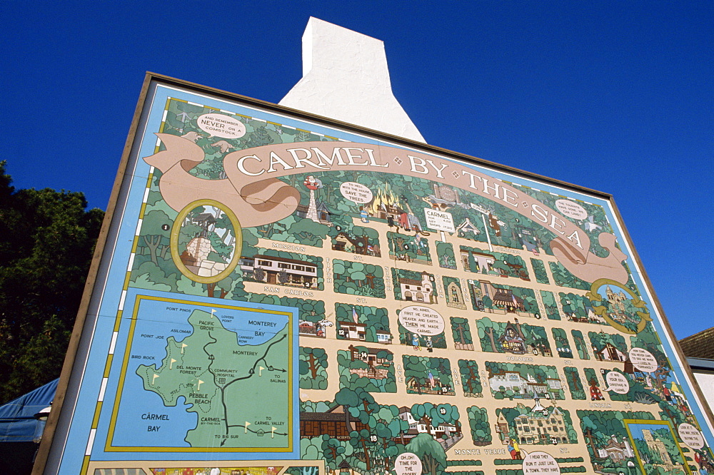 Close-up of mural on wall of building showing Bill Bates humorous town plan of Carmel by the Sea, California, United States of America, North America