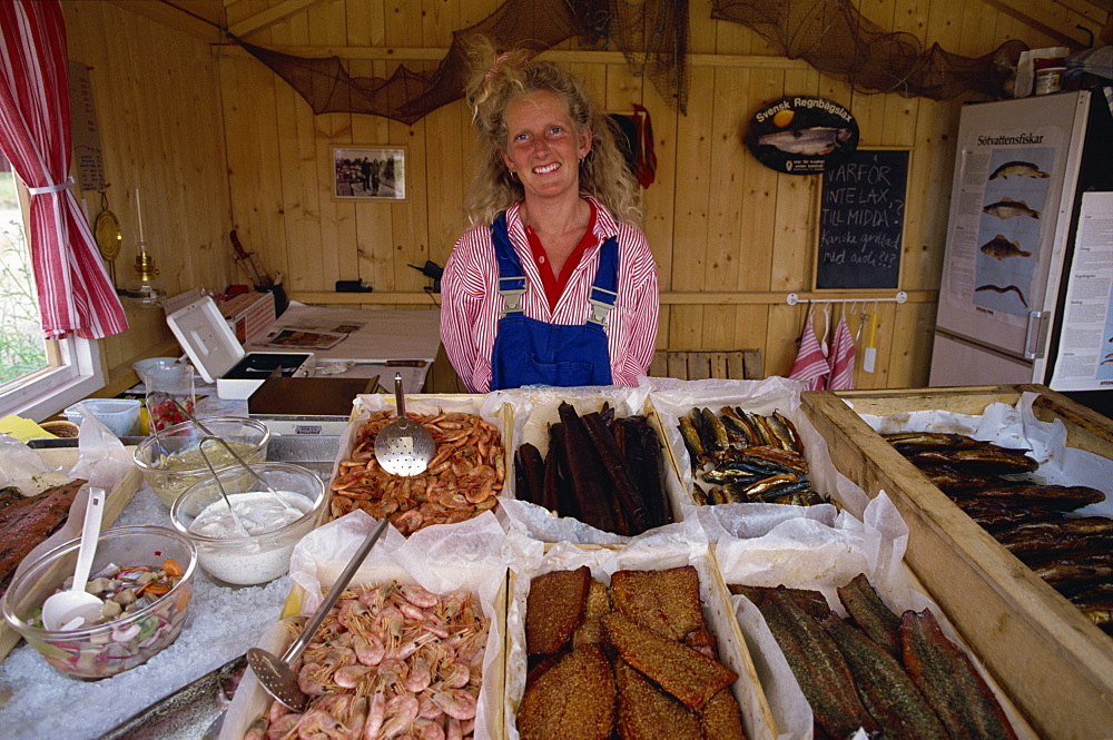 Stall selling seafood and fish on archipelago island of Uto, Sweden, Scandinavia, Europe