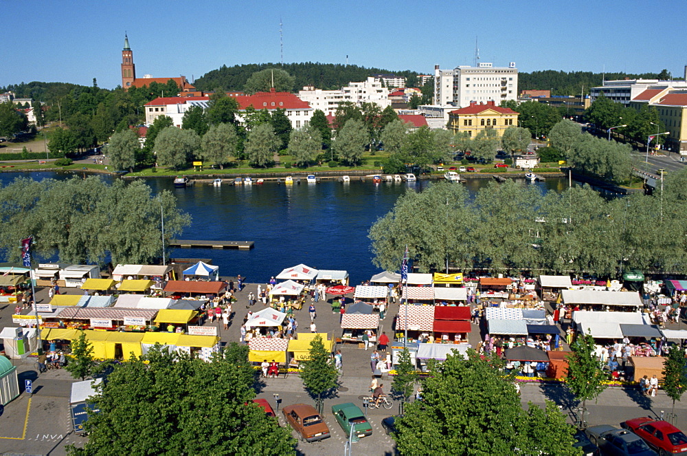 Market stalls around the harbour in the town of Savonlinna, Finland, Scandinavia, Europe