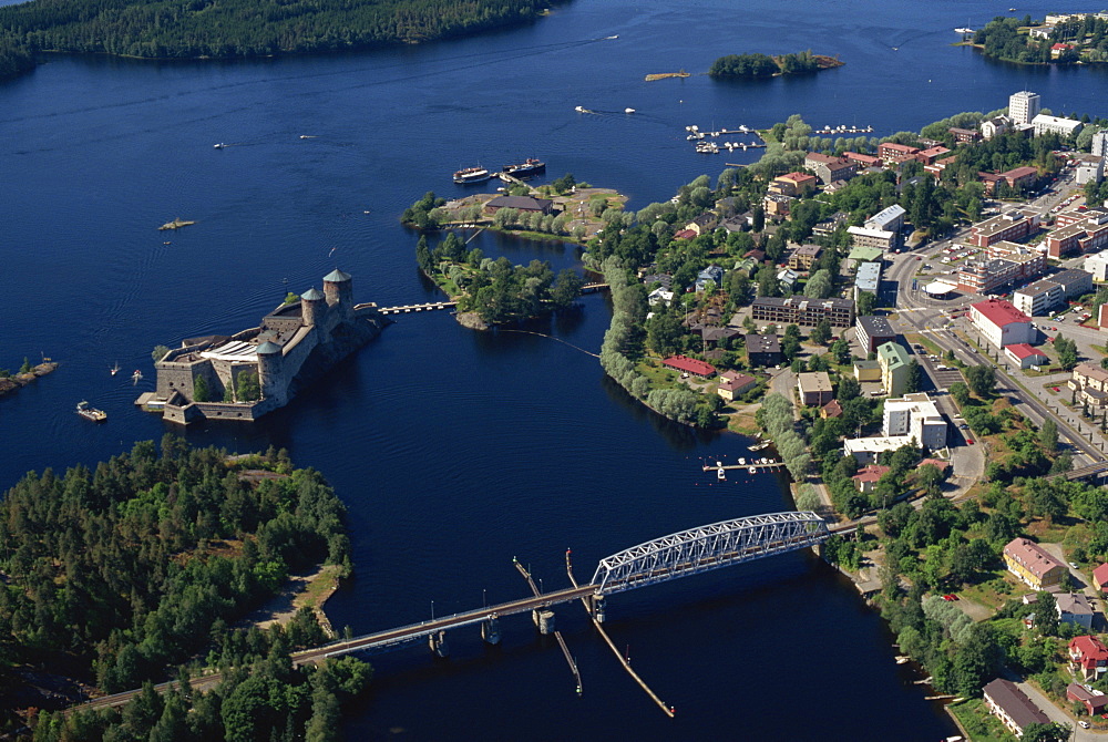 Aerial view of Olavinlinna Castle, Savonlinna, Finland, Scandinavia, Europe