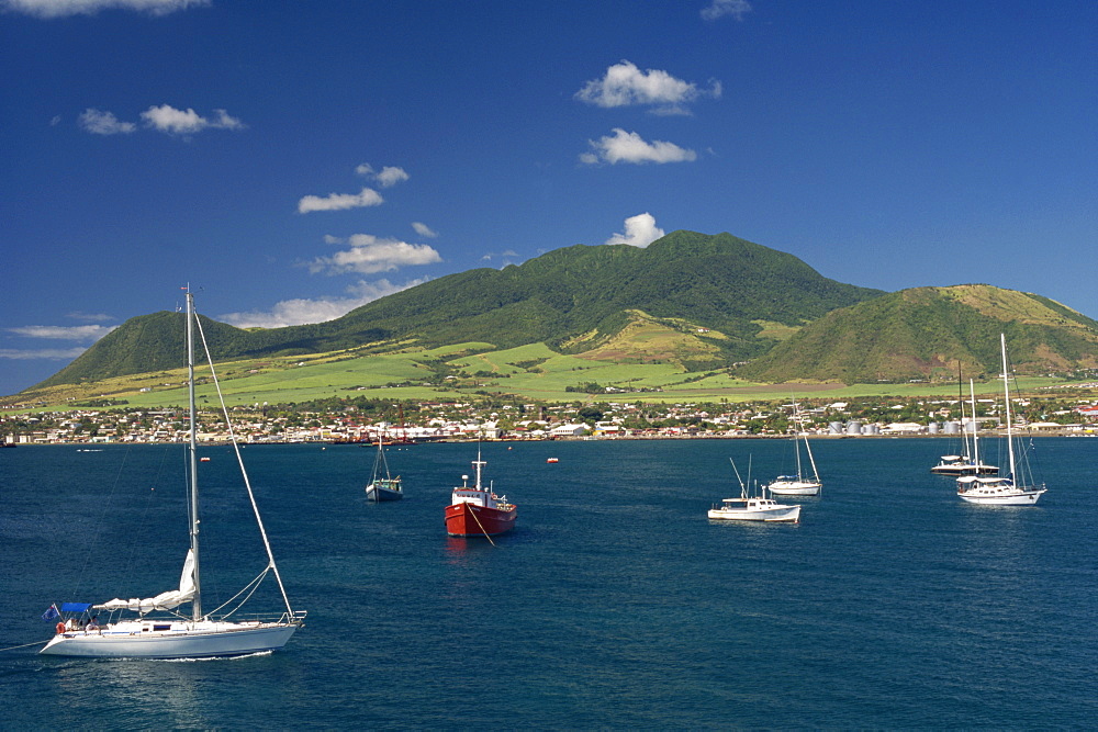 Moored boats off Basseterre, St. Kitts, Leeward Islands, West Indies, Caribbean, Central America