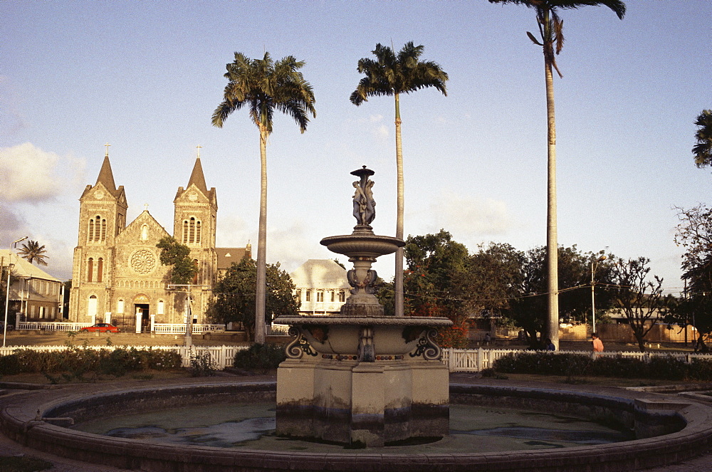 Fountain and cathedral, Independence Square, Basseterre, St. Kitts, Leeward Islands, West Indies, Caribbean, Central America