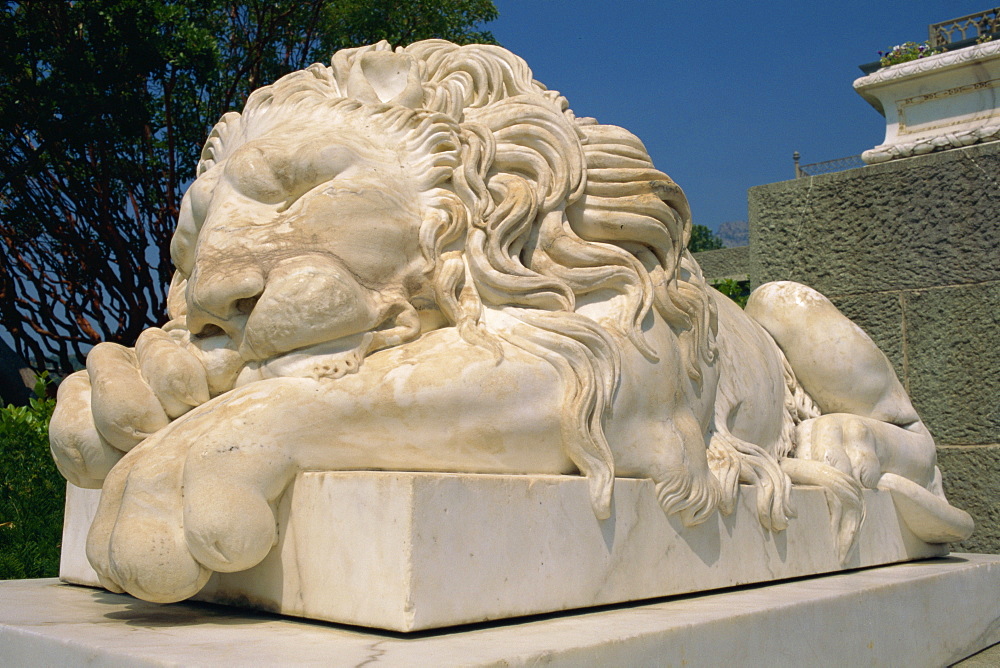 Statue of a sleeping lion at the Alupka Palace in Yalta, Ukraine, Europe