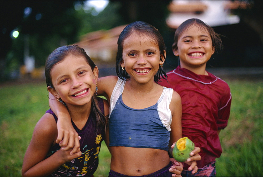 Portrait of a group of smiling children at Alter do Chao, Tapajos, in the Amazon area of Brazil, South America