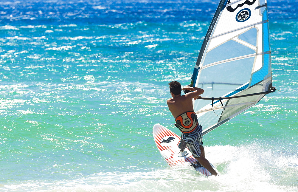 Big Jump windsurfing in high Levante winds in the Strait of Gibraltar, Valdevaqueros, Tarifa, Andalucia, Spain, Europe