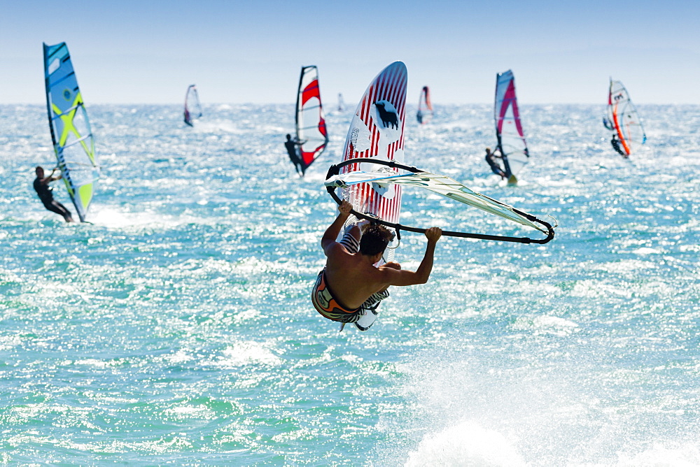 Windsurfer, jump, Bolonia, near Tarifa, Andalucia, Spain, Europe